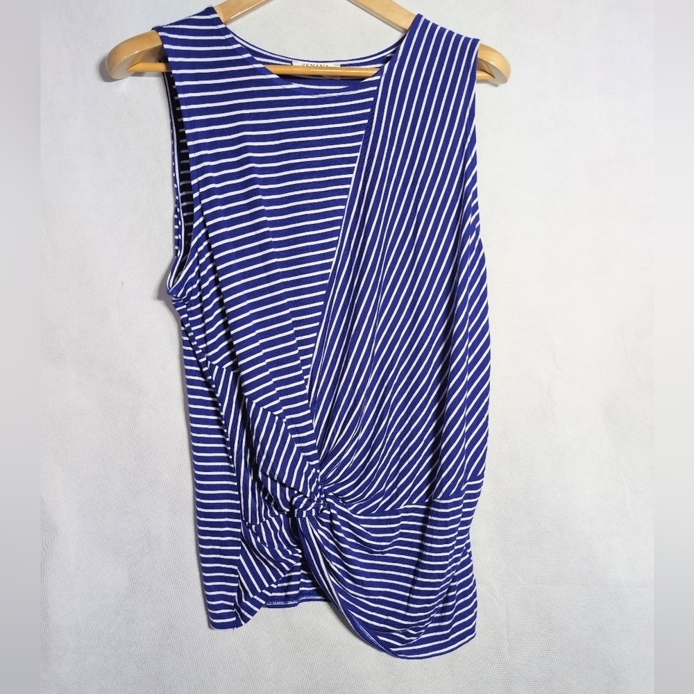 Zenana Outfitters Navy Striped Knot Tank Top